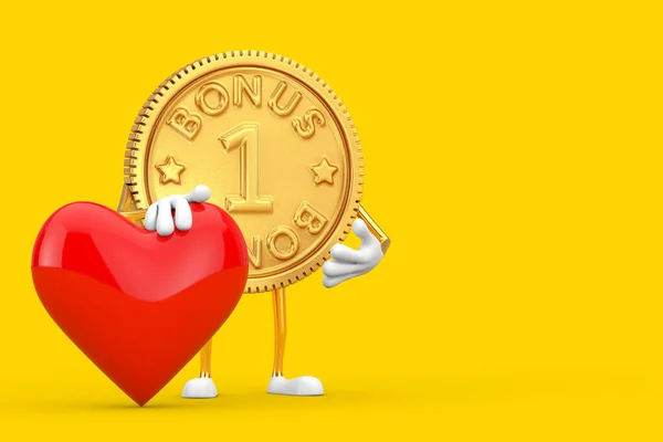 Golden Loyalty Program Bonus Coin Persona Personaje Mascota Con Corazón —  Fotos de Stock