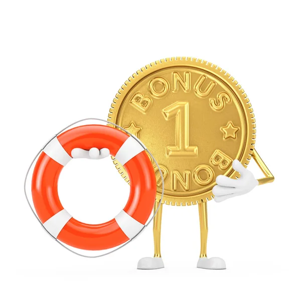 프로그램 Bonus Coin Person Character Mascot Life Buoy White Background — 스톡 사진