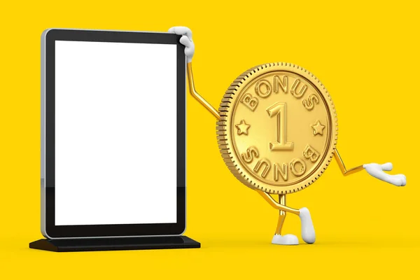 金忠诚度程式奖得主人物形象吉祥物与空白贸易展览液晶显示屏幕作为您的设计的模板黄色背景 3D渲染 — 图库照片