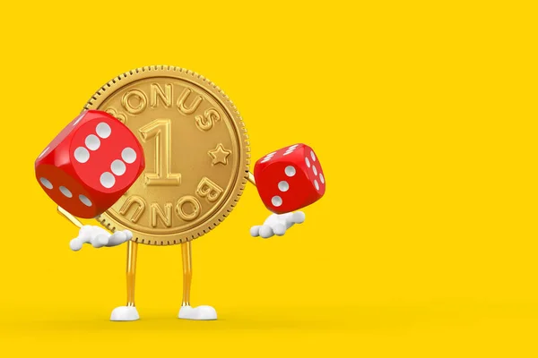 Golden Lojalitetsprogram Bonus Coin Person Character Mascot Med Röda Tärningskuber — Stockfoto