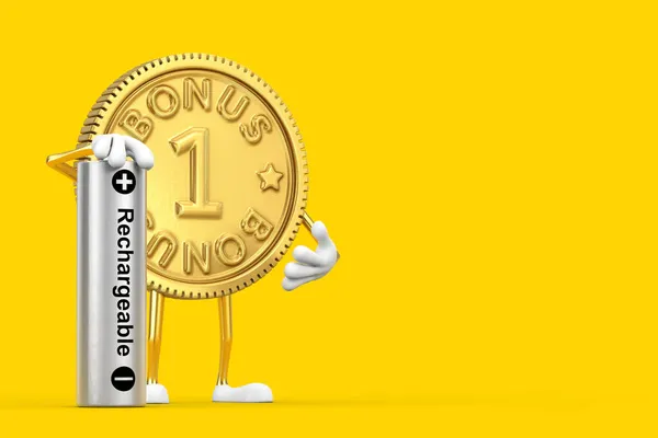 金忠诚计划奖得主人物吉祥物与可充电电池黄色背景 3D渲染 — 图库照片