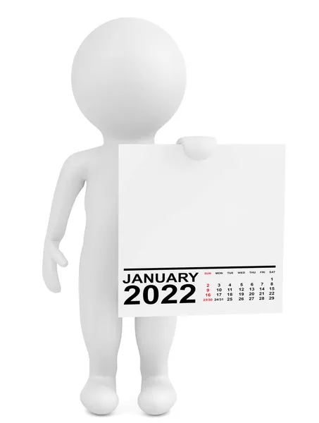 キャラクターホールディングカレンダー2022年1月白を背景に 3Dレンダリング — ストック写真