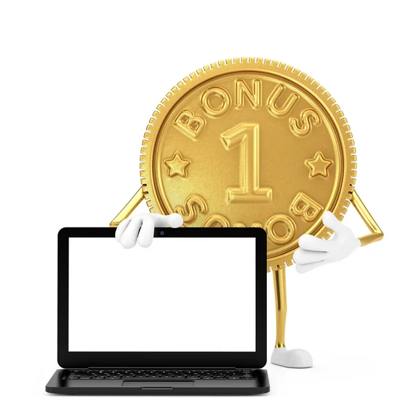 Золота Програма Лояльності Бонус Монета Особистий Символ Маскот Сучасним Ноутбуком — стокове фото