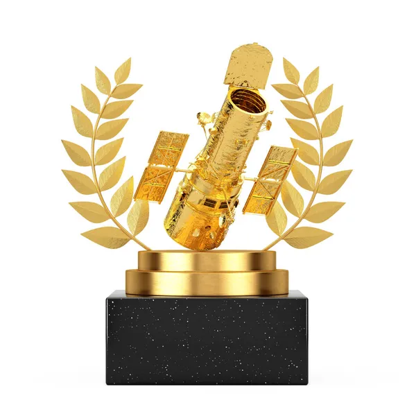 Vinnare Award Cube Gold Laurel Krans Podium Scen Eller Piedestal — Stockfoto