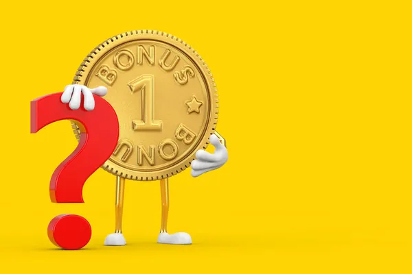 프로그램 Bonus Coin Person Character Mascot Red Question Mark Sign — 스톡 사진
