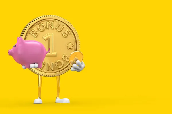 金忠诚度计划的奖金人人物吉祥物与皮吉银行和金元硬币的黄色背景 3D渲染 — 图库照片