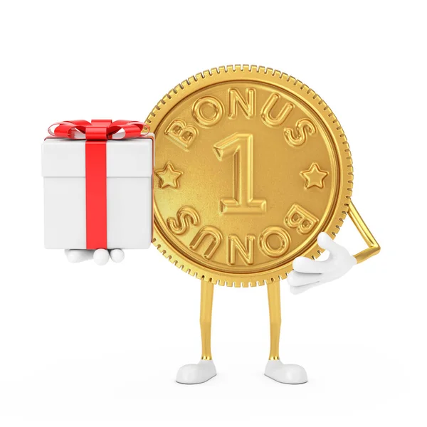Golden Loyalty Program Bonus Coin Person Character Mascot Gift Box — 스톡 사진