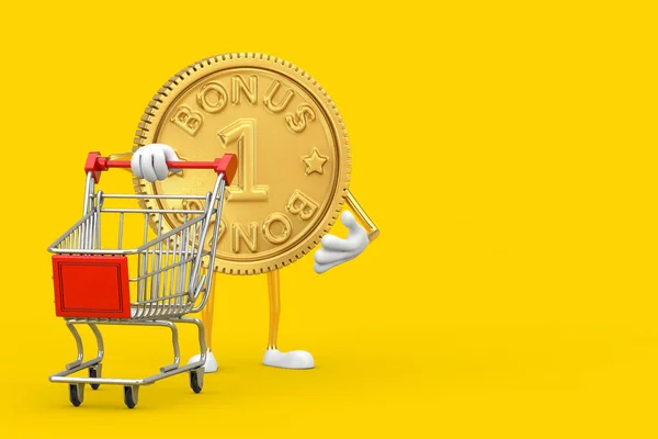 Golden Loyalty Program Bonus Coin Person Character Mascot Ostoskärryillä Keltaisella — kuvapankkivalokuva