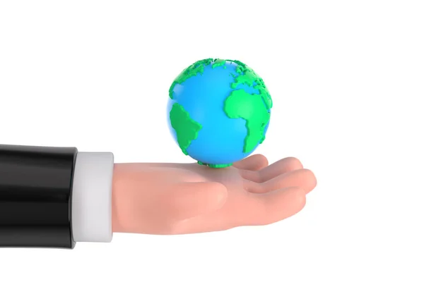 Cartoon Hand Holding Plasticine Earth Globe Sobre Fondo Blanco Renderizado — Foto de Stock