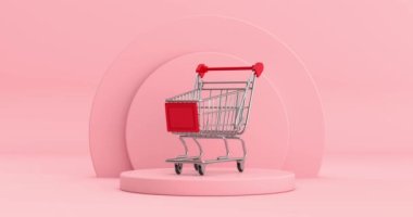 4k Çözünürlük Videosu: Alışveriş Arabası Trolley Pembe Silindirler üzerinde Dönüyor Sahne Yayı Pembe bir arka plan animasyonu üzerinde