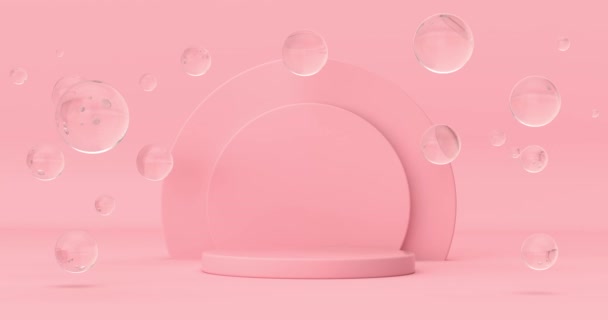 4K解像度ビデオ ピンクのシリンダー製品ピンクの背景にガラスボール球とステージ台座 — ストック動画