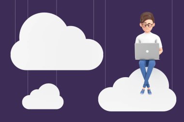 Dizüstü bilgisayarlı çizgi film karakteri iş adamı mavi arkaplan üzerinde çalışıyor. 3d Hazırlama 