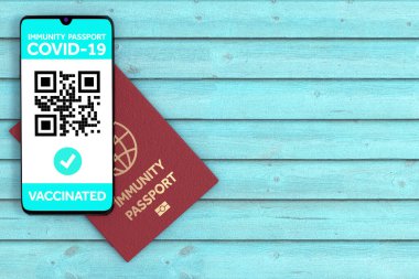Mark Aşılanmış Sağlık İmmün Pasaport Sertifikası Mobil Telefon Ekranı Aşılama Uygulaması Soyut QR Kodu ve mavi ahşap arka plan geçiş kontrolü. 3d Hazırlama 
