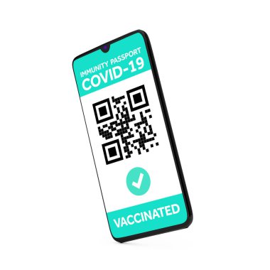 Mark Aşılanmış Sağlık İmmün Pasaport Sertifikası Cep Telefonu Ekranında Aşılama Uygulaması Soyut QR Kodu ve beyaz bir arkaplan üzerinde geçiş kontrolü. 3d Hazırlama 