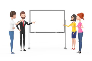 İş Takımı Karakterleri Toplantısı ve Beyaz Tahta Ofis önünde beyaz arka planda Tasarımınız İçin Boş Alan ile Konuşuyor. 3d Hazırlama 
