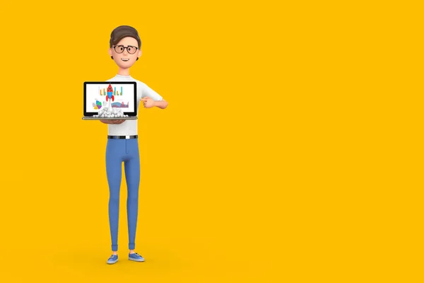 Cartoon Character Person Man Hold Laptop with Business Diagrams, Graphics and Toy Rocket Takes Off Spewing Smoke on a yellow background. 3d Rendering