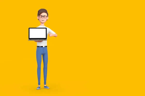 Мультиплікаційний Персонаж Людина Тримає Ноутбук Порожнім Екраном Вашого Дизайну Жовтому — стокове фото