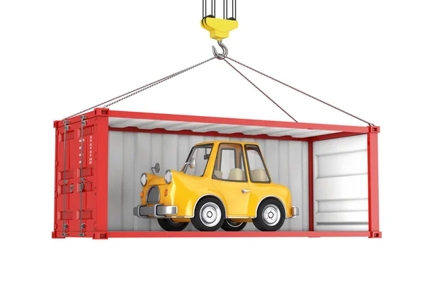 Žlutý Karikatura Auto Červené Přepravní Kontejner Odstraněnou Boční Stěnou Doprava — Stock fotografie