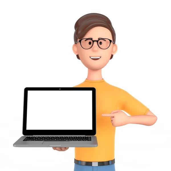 Człowiek Postać Kreskówek Hold Laptop Pustym Ekranem Dla Projektu Białym — Zdjęcie stockowe