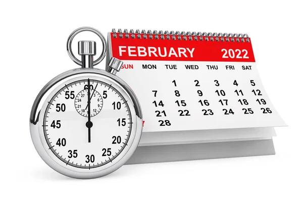 2022 Jaar Februari Kalender Met Stopwatch Een Witte Achtergrond Destructie — Stockfoto