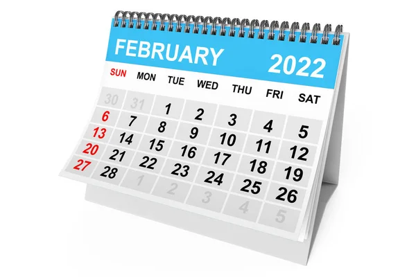 2022 Rok Únor Kalendář Bílém Pozadí Vykreslování — Stock fotografie