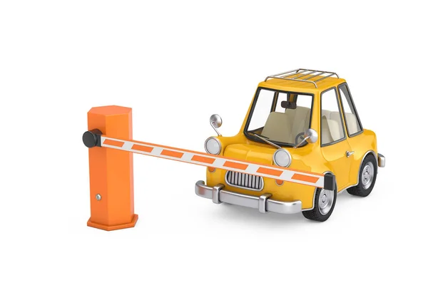 Closed Road Car Barrier Yellow Cartoon Car White Background Rendering — Stock Photo, Image