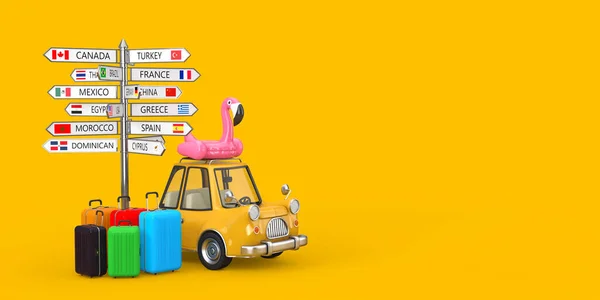 車旅行のコンセプト スーツケース ゴムフラミンゴと黄色の背景に様々な国の名前とフラグと方向標識を持つ漫画車 3Dレンダリング — ストック写真
