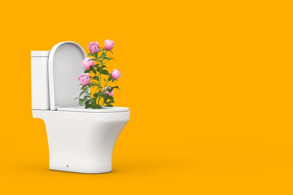 Bouquet Pink Roses Modern White Ceramic Toilet Bowl Sobre Fundo — Fotografia de Stock