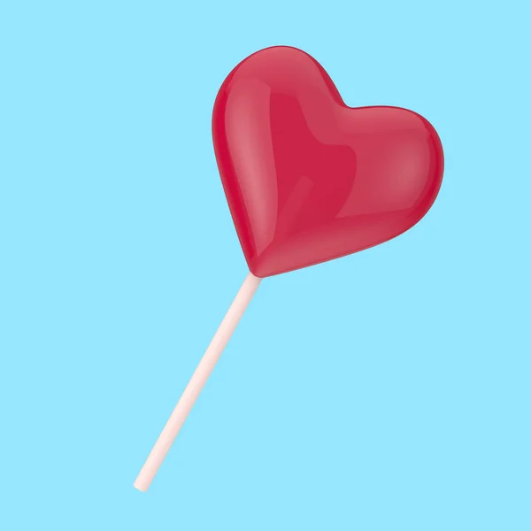 愛の概念 レッドハートロリポップキャンディブルーの背景に 3Dレンダリング — ストック写真