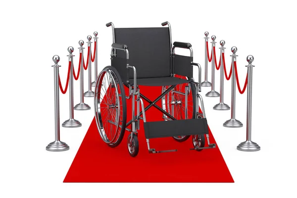 Koncept Úspěchu Prázdný Invalidní Vozík Červeném Koberci Bariérovým Lanem Bílém — Stock fotografie