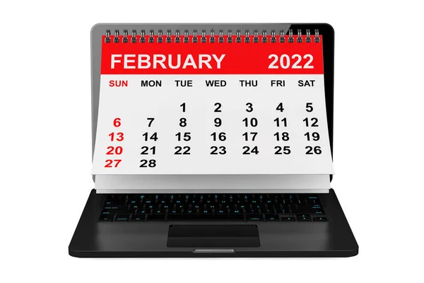 Календарь 2022 Года Февраль Календарь Экране Ноутбука Белом Фоне Рендеринг — стоковое фото