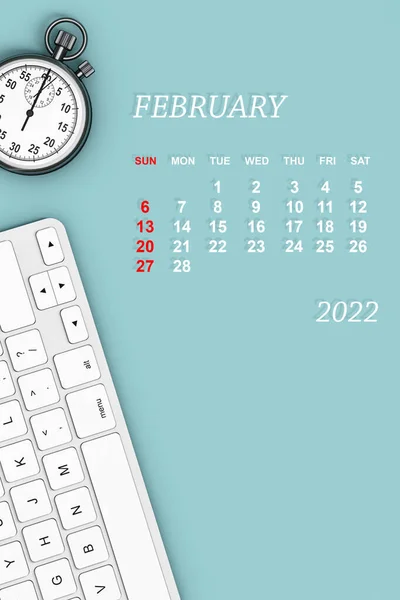 2022年カレンダー ストップウォッチとキーボードで2月のカレンダー 3Dレンダリング — ストック写真