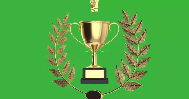 4k Resolution Video: Golden Award Trophy Cup with Winner Award Gold Laurel Wreath Rotating Animation on Green Screen Chroma Key