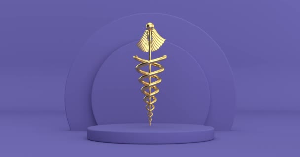 Vidéo Résolution Symbole Caduceus Médical Doré Rotation Sur Cylindres Violets — Video