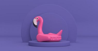 4k Çözünürlük Videosu: Violet Çok Peri Ürünleri üzerinde dönen Yaz Yüzme Havuzu Şişme Pembe Flamingo Oyuncağı Mor Çok Peri arka plan animasyonu üzerine Sahne Pedestali