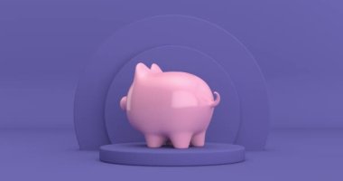 4k Çözünürlük Videosu: Pembe Piggy Bank Violet Çok Peri Tüp Ürünleri üzerinde Dönüyor Sahne Yayı Bir Violet Çok Peri arka plan animasyonu