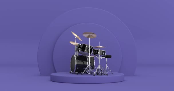 4K解像度视频 黑色专业摇滚鼓包在紫罗兰非常漂亮的圆柱体产品上旋转在紫罗兰非常漂亮的背景动画上 — 图库视频影像