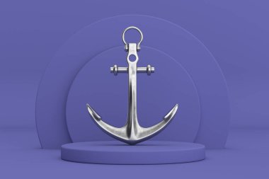 Violet Çok Peri Tüp Ürünleri 'nde Deniz Anchor, Violet Çok Peri arka planında Sahne Pedestal. 3d Hazırlama 