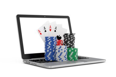 Online Kumarhane Konsepti. Beyaz arka planda Modern Laptop Bilgisayarlı Kumar Fişleri ve Poker İskambil Kartları. 3d Hazırlama 
