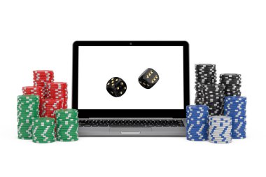 Online Kumarhane Konsepti. Kumar Çipleri ve Kumarhane Kara Oyun Dik Küpleri ve beyaz arka planda Modern Laptop Bilgisayarı. 3d Hazırlama 