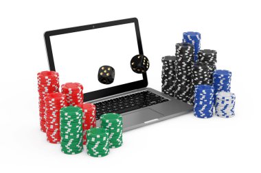 Online Kumarhane Konsepti. Kumar Çipleri ve Kumarhane Kara Oyun Dik Küpleri ve beyaz arka planda Modern Laptop Bilgisayarı. 3d Hazırlama 
