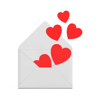 Sevgililer Günü kavramın kutlu olsun. Kırmızı Kalpler Beyaz Boş Zarftan Beyaz arka planda Uçuyor. 3d Hazırlama 