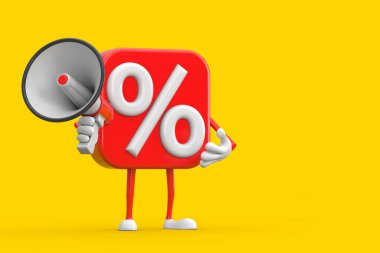 Sale or Discount Percent Sign Person Character Mascot with Red Retro Megaphone on a yellow background. 3d Rendering  clipart