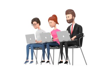 Takım çalışması konsepti. İş Ekibi Karakterleri Ofis Sandalyelerinde oturan ve beyaz arka planda dizüstü bilgisayarlar kullanan kişiler. 3d Hazırlama 