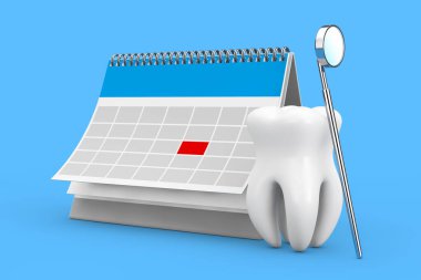 Diş sağlığı konsepti. Diş Denetim Aynası ile Diş Simgesi ve Mavi arka planda Diş Hekimini Ziyaret İçin Hatırlatma Takvimi. 3d Hazırlama 