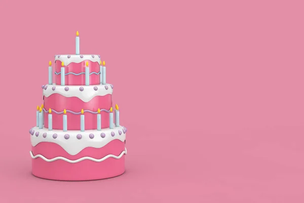 Birthday Cartoon Dessert Tiered Cake with Candles on a pink background. 3d Rendering