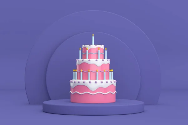 Cumpleaños Caricatura Postre Tarta Estratificada Velas Sobre Violeta Muy Peri — Foto de Stock