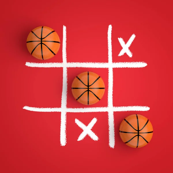Balles Basket Ball Tic Tac Toe Game Sur Fond Rouge — Photo