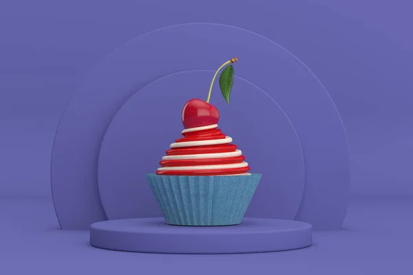 桑代冰淇淋蛋糕与樱桃在紫罗兰非常棒的圆柱体产品阶段在紫罗兰非常棒的背景下 3D渲染 — 图库照片