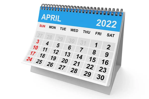 2022 Année Avril Calendrier Sur Fond Blanc Rendu — Photo
